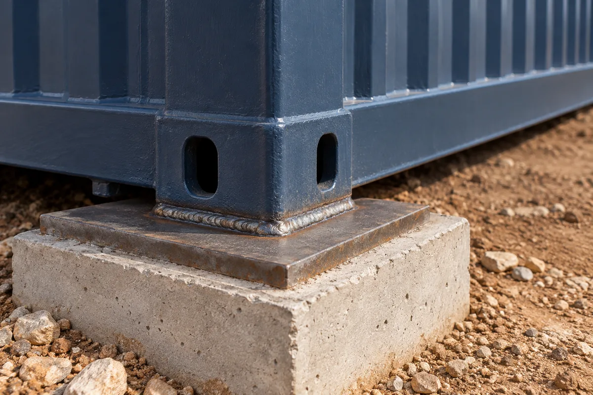 Angle inférieur d’un module en acier posé sur la platine d’un plot de béton