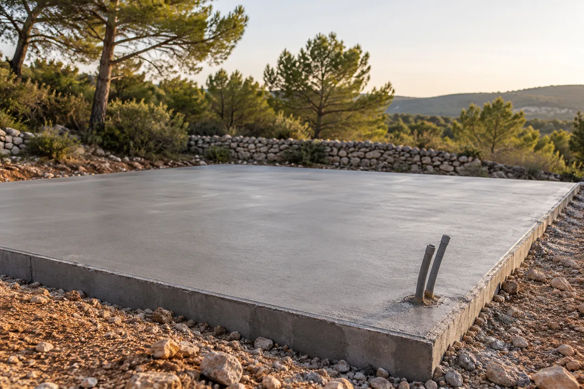 Radier en béton armé sur un terrain de garrigue, fourreaux de réseaux en attente