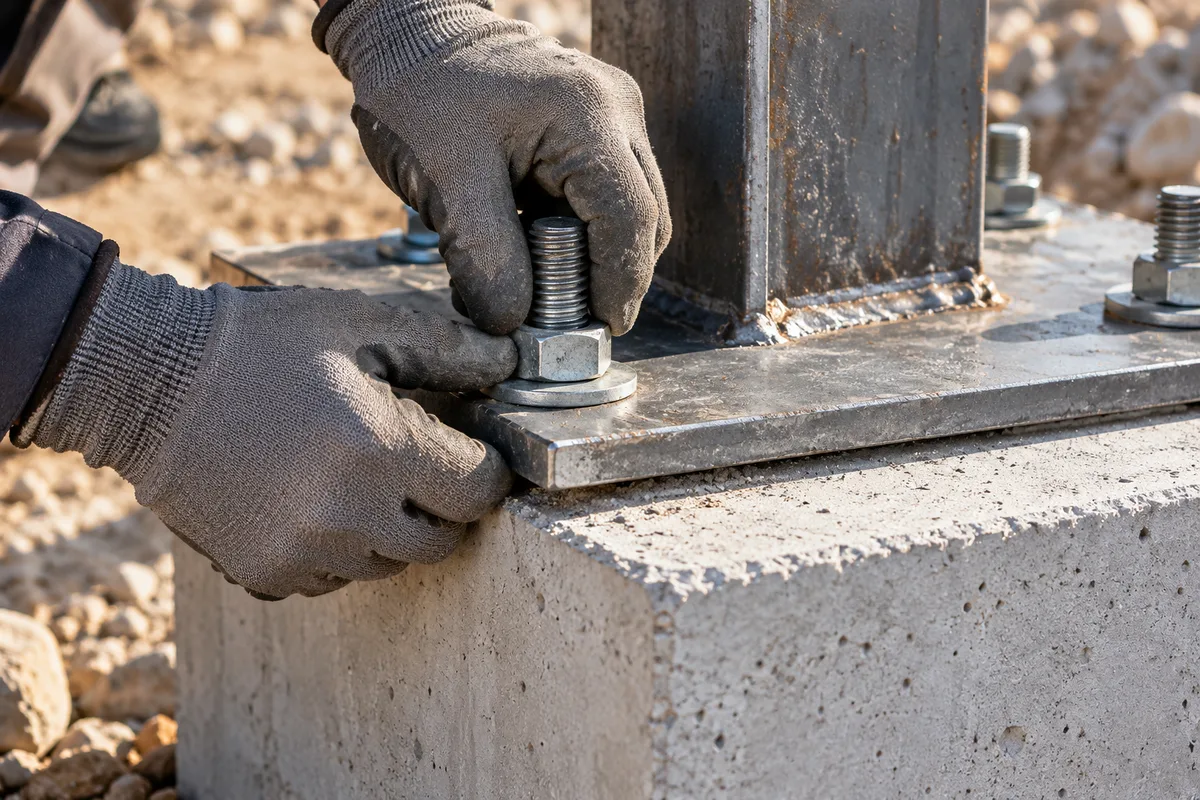 Réglage à la main de l’écrou d’une platine d’acier au sommet d’un plot de béton