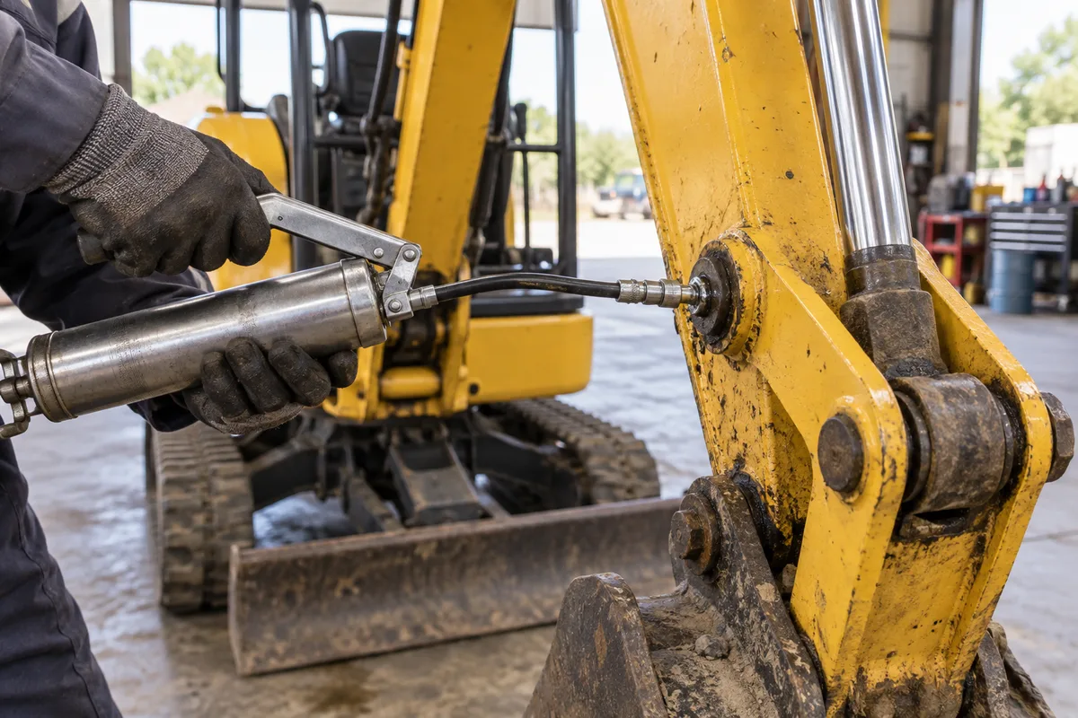 Mains gantées graissant l&rsquo;articulation du bras d&rsquo;une mini-pelle