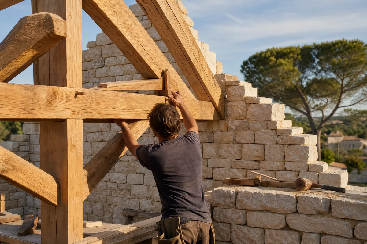 Charpentier assemblant une ferme traditionnelle en bois massif