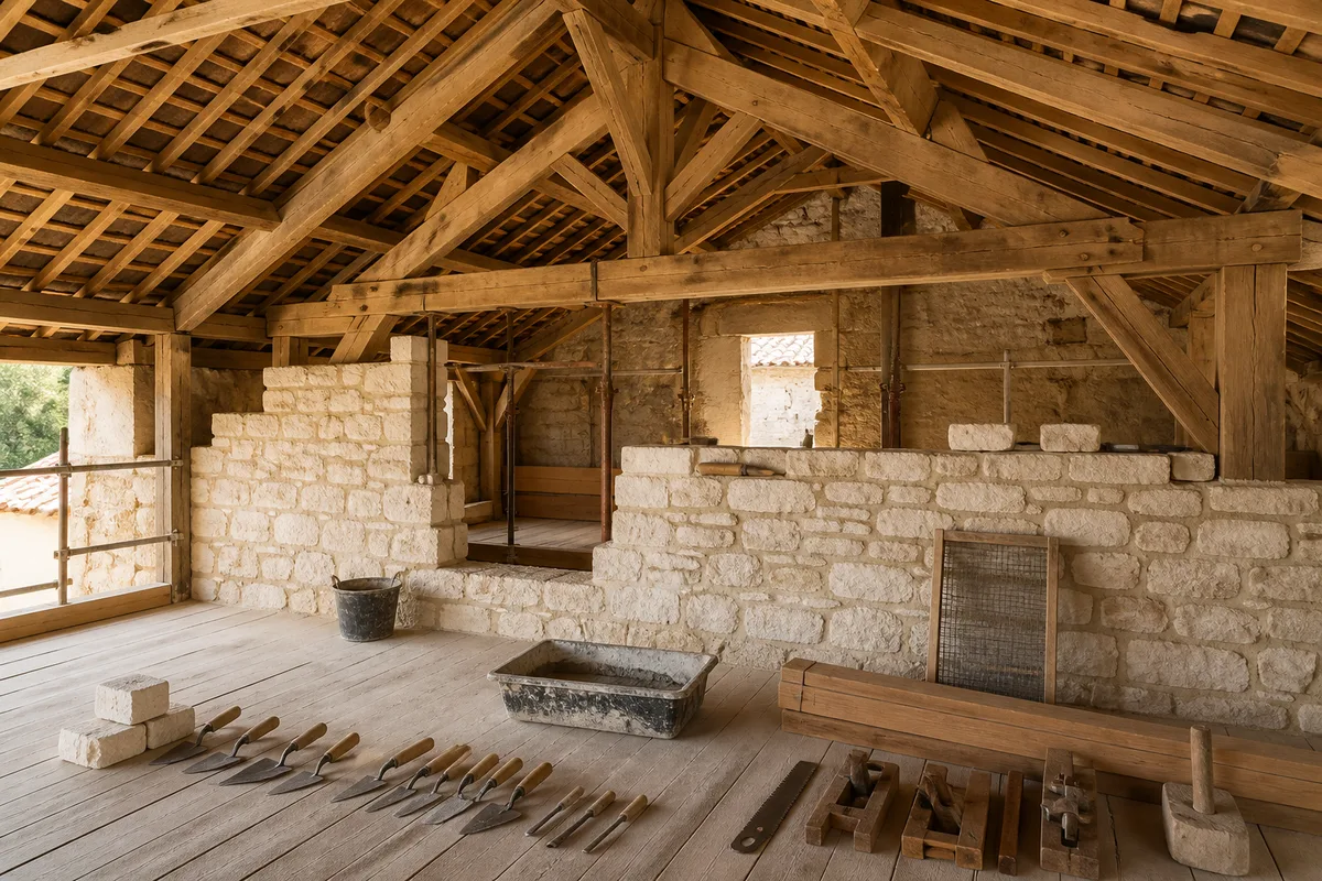 Charpente de combles avec fermes et pannes visibles depuis l&rsquo;intérieur