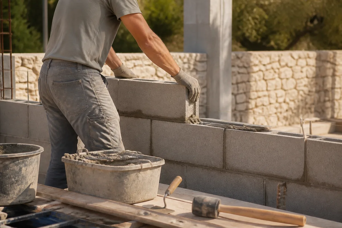 Maçon montant un mur en blocs béton sur un chantier de gros œuvre