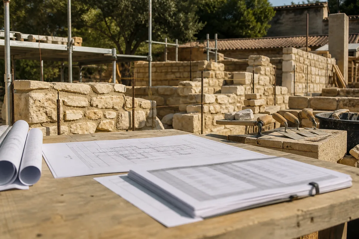 Plans de construction et devis détaillé posés sur une table de chantier