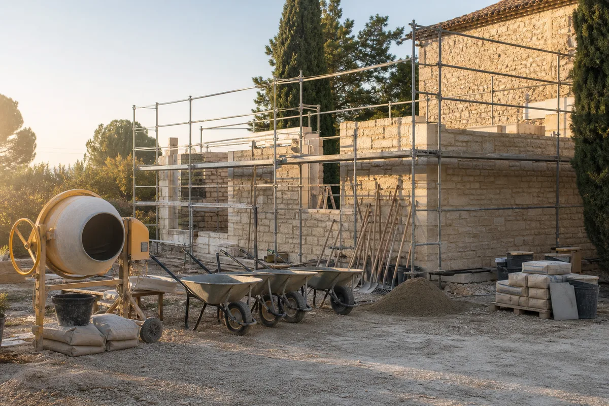 Mur en cours d'élévation sur un chantier, rangées de blocs béton et niveau à bulle posé sur l'arase