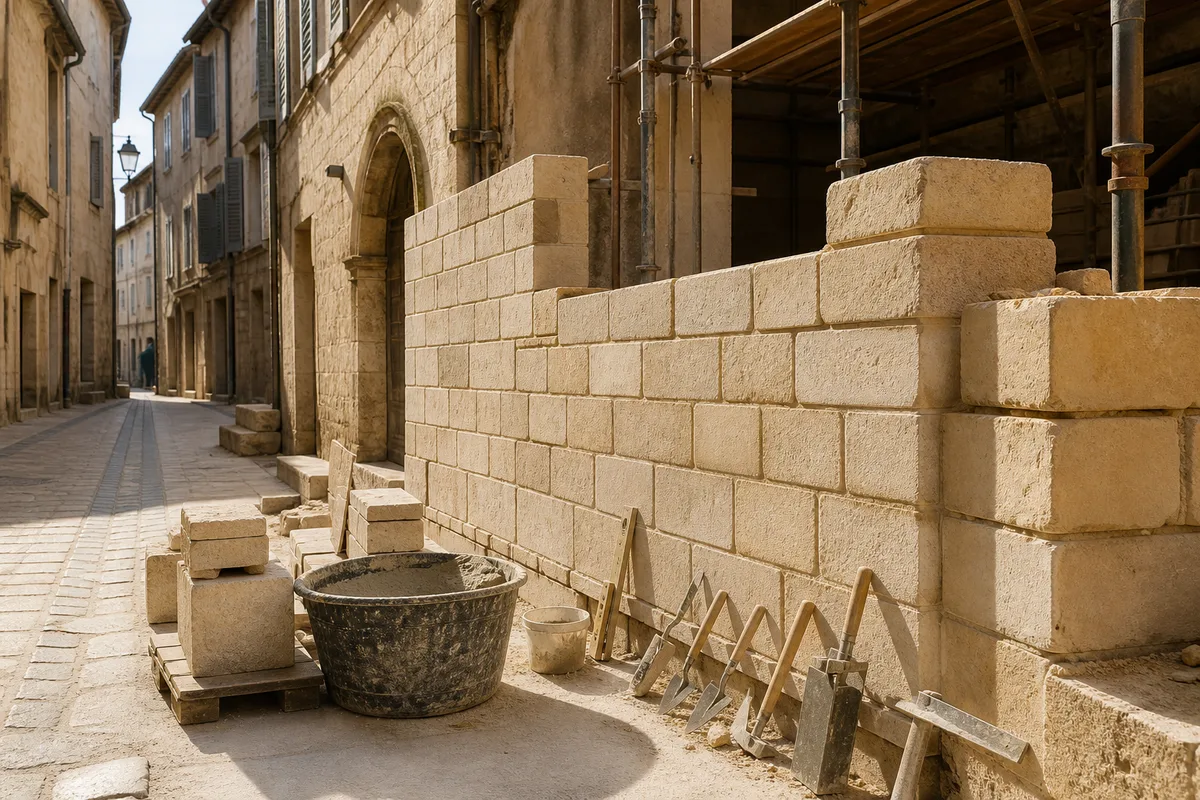 Rue étroite de centre ancien avec façades en pierre calcaire