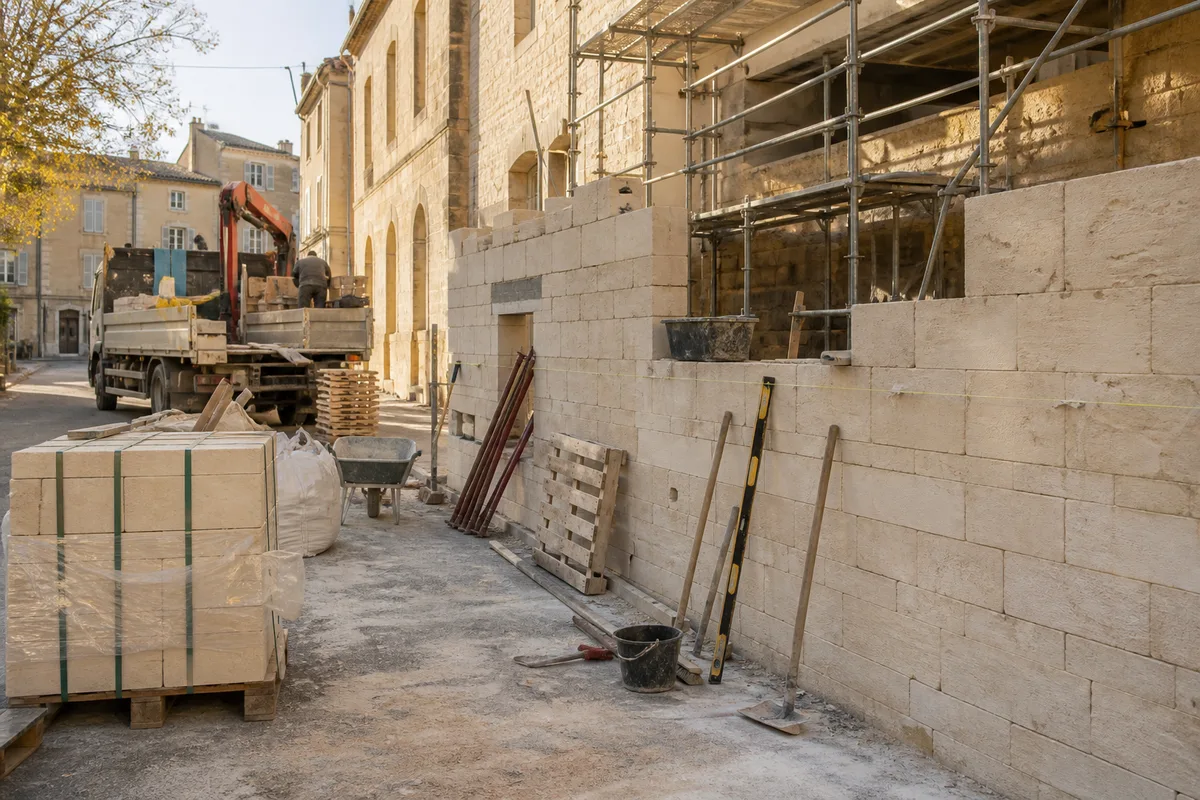 Livraison de matériaux de maçonnerie dans une rue de centre-ville