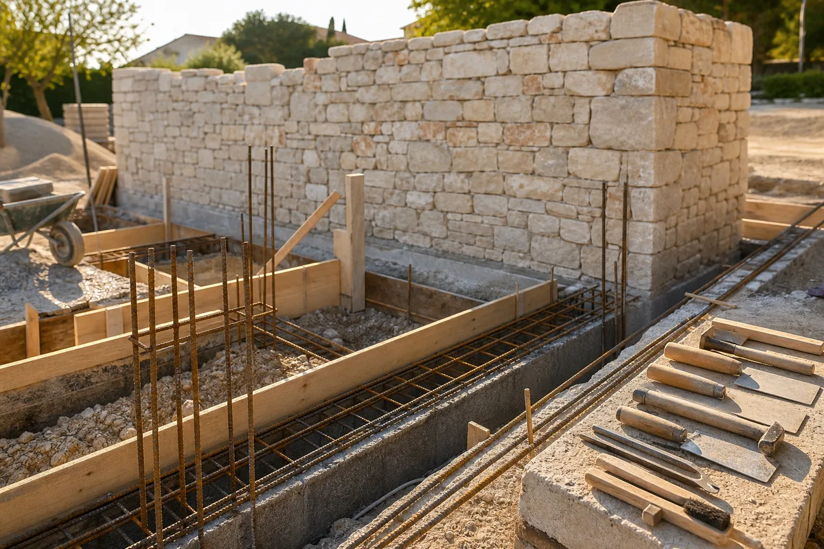 Chantier de maçonnerie avec coffrage et ferraillage de fondations