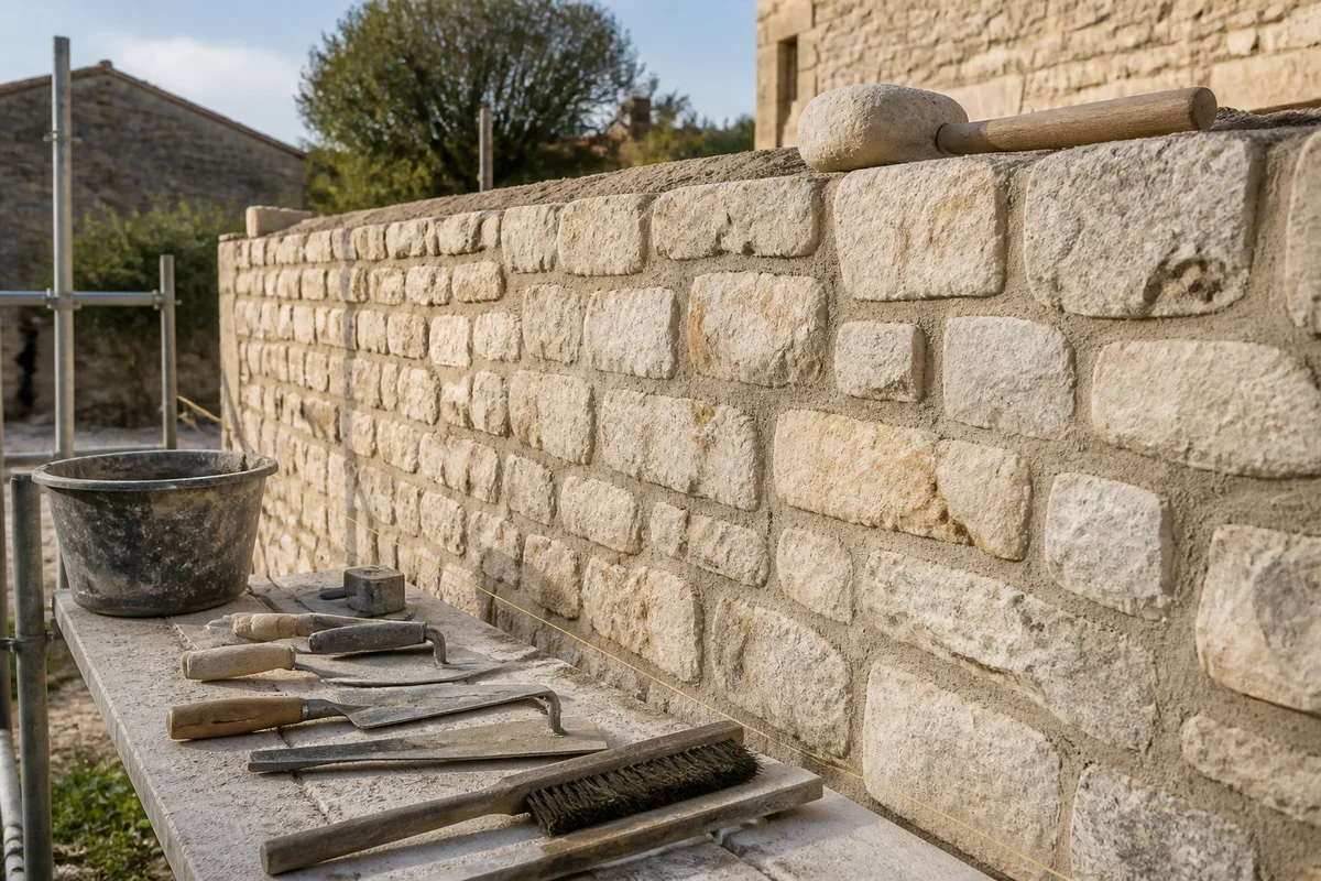 Mur en pierre calcaire rejointoyé au mortier de chaux