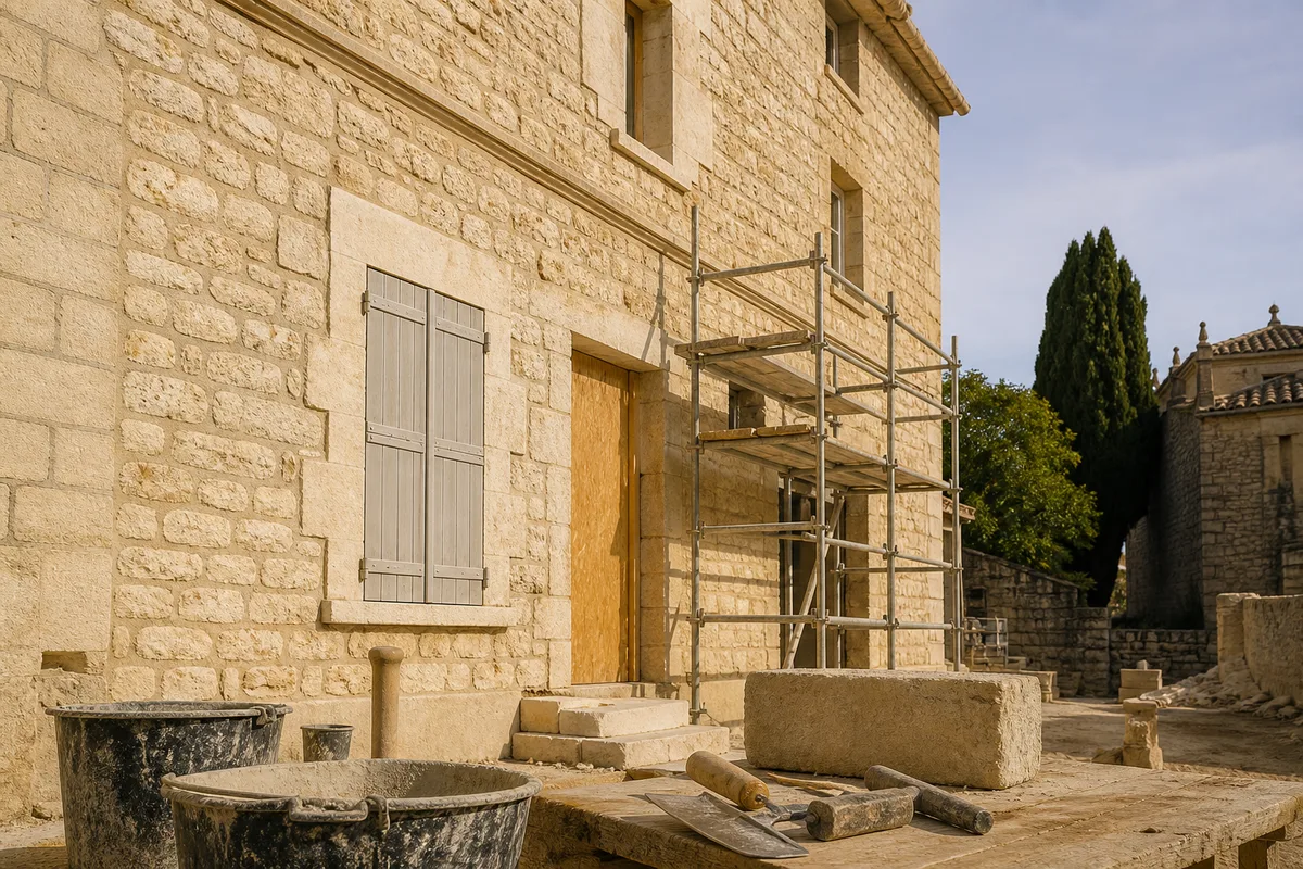 Façade en pierre calcaire d&rsquo;un immeuble ancien en cours de rénovation