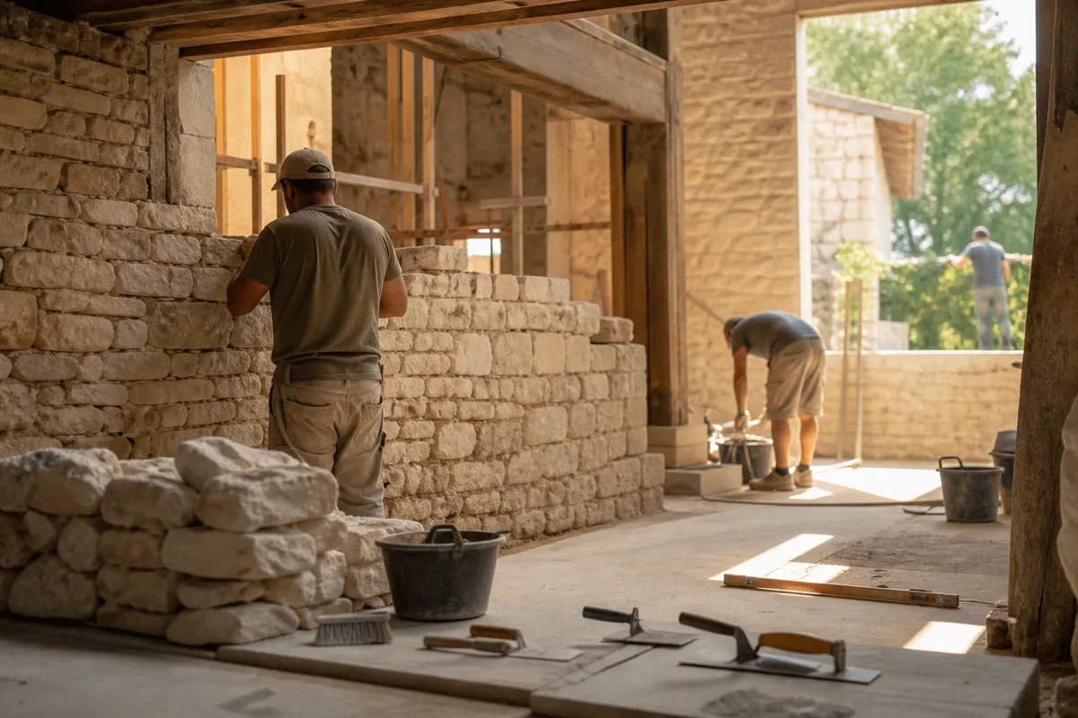 Artisans coordonnant un chantier de rénovation dans une maison ancienne