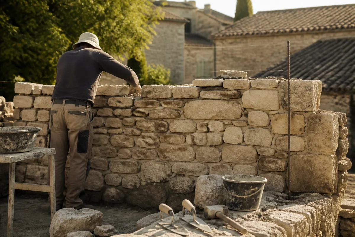 Maçon travaillant sur un mur en pierre dans un village gardois